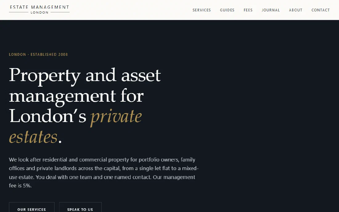 The home page of the website made for Estate Management London