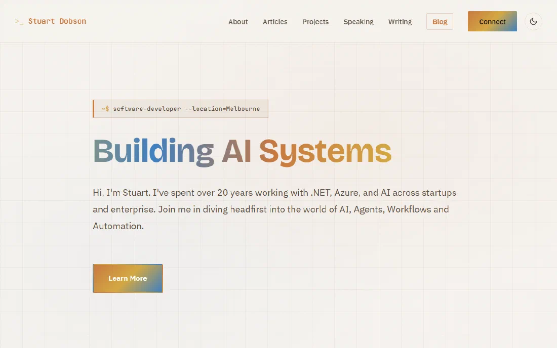 The home page of the website made for stuartdobson.ai